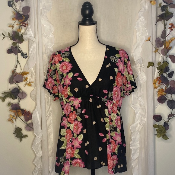 Oscar de la Renta Tops - Oscar de la Renta Black Floral V-Neck Babydoll Top Size XL